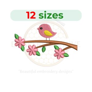 Bird on a branch embroidery design, available in 12 sizes, perfect for nature-themed embroidery projects.