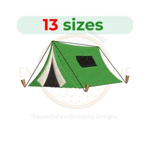 Camping tent embroidery design, available in 13 sizes, perfect for nature and outdoor-themed embroidery projects.