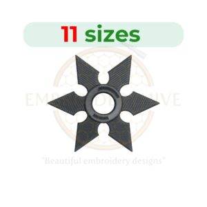 Ninja star embroidery design available in 11 sizes, perfect for martial arts and ninja-themed projects.