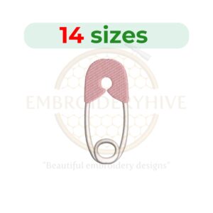 Diaper pin embroidery design in 14 sizes, from 1 to 7.5 inches, ideal for baby-themed embroidery projects.