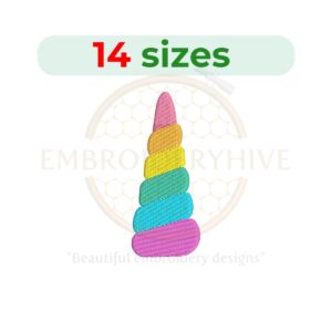 Unicorn horn embroidery design in 14 sizes, ranging from 1 to 6 inches in height, perfect for whimsical and magical-themed projects.