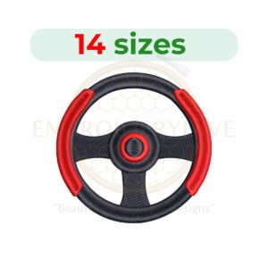 Steering wheel silhouette embroidery design, available in 14 sizes, perfect for baby boy-themed embroidery projects.