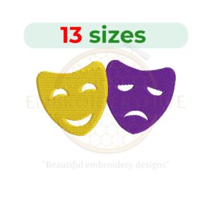 Comedy and tragedy mask embroidery design, available in 13 sizes from 1.5 to 7.5 inches, perfect for Mardi Gras and theatre-themed projects.