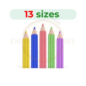 Colored pencils embroidery design, perfect for back-to-school and first-grade projects, available in 13 sizes from 1.5 to 7.5 inches in height.