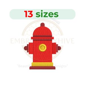 Fire Hydrant embroidery design in fill stitch, available in 13 sizes from 1.5 to 7.5 inches, ideal for fireman and firefighter-themed projects.