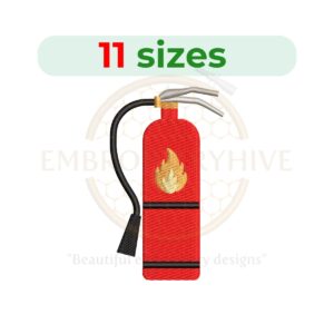 Mini fire extinguisher embroidery design, perfect for fireman or firefighter-themed projects. Available in 11 sizes, with a sleek silhouette in fill stitch.