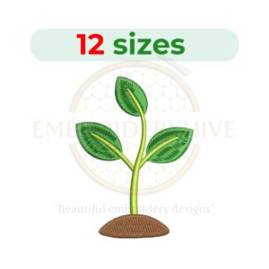 Seedling plant embroidery design, featuring a sprout with leaves in fill stitch. Available in 12 sizes from 2 to 7.5 inches in height.