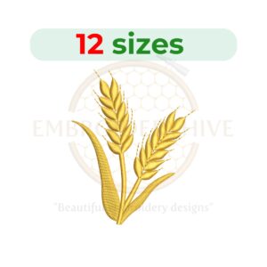 Wheat stalk embroidery design, featuring a detailed silhouette in fill stitch. Available in 12 sizes from 2 to 7.5 inches in height.