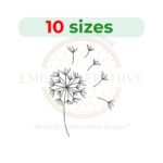 Delicate dandelion embroidery design, ideal for floral-themed projects. Available in 10 sizes with intricate fill stitch.