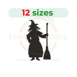 Witch with broom silhouette embroidery design in 12 sizes, perfect for Halloween-themed projects, available as a machine embroidery design.