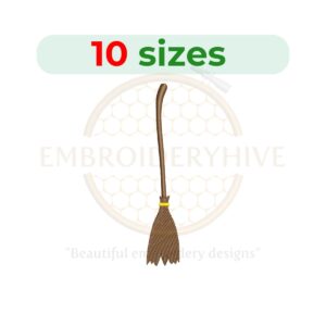 Witch’s broom silhouette embroidery design in 10 sizes, perfect for Halloween-themed projects, available as a machine embroidery design.