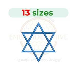 Star of David embroidery design in 13 sizes for machine embroidery, ideal for Jewish-themed projects.