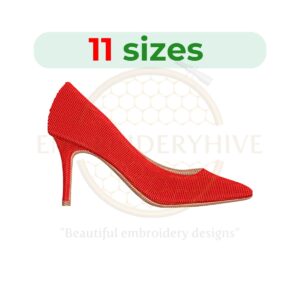 High heel shoe silhouette embroidery design in 11 sizes for stiletto-themed projects, available in various machine formats.