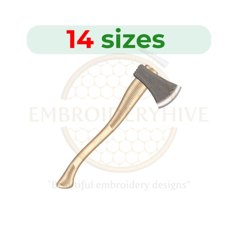 Axe silhouette embroidery design in 14 sizes for lumberjack-themed projects, available in multiple machine formats.