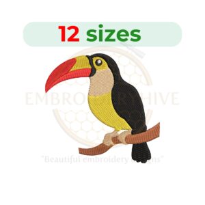 Toucan embroidery design in filled stitch, featuring 13 sizes for tropical-themed projects.