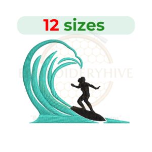 Female surfer silhouette machine embroidery design, available in 12 sizes from 2 to 7.5 inches, perfect for surfing-themed projects.