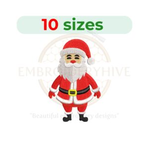 Cute Santa Claus embroidery design for machine embroidery, available in 10 sizes for Christmas-themed projects.