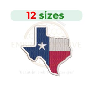 Texas state embroidery design in bean stitch style, available in 12 sizes for machine embroidery.