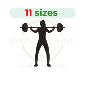 Woman weightlifter embroidery design silhouette, available in 11 sizes for machine embroidery.