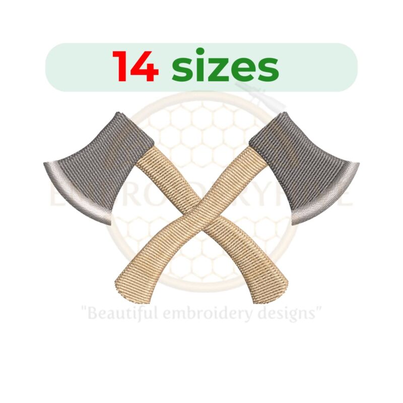 Axe silhouette embroidery design, perfect for lumberjack themes, available in 14 sizes for machine embroidery.