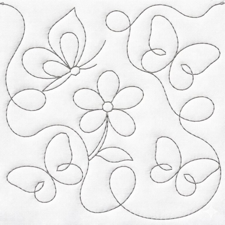 Butterfly and flower quilting embroidery design stitched on white fabric