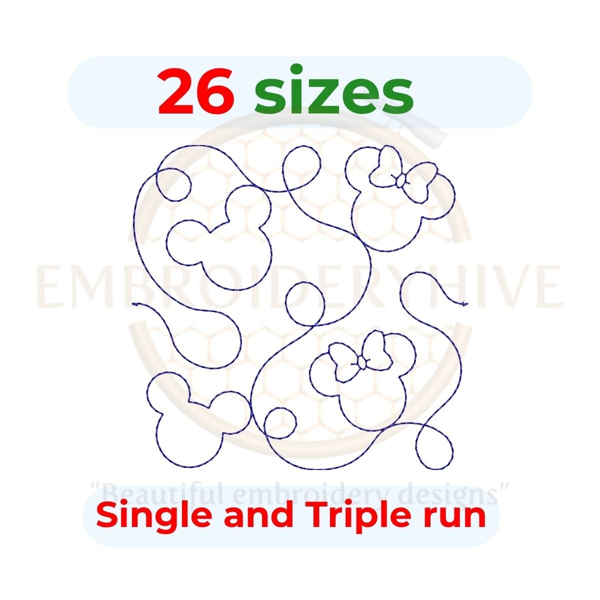 Mickey and Minnie Quilt block embroidery designs in single-run and triple (bean) stitch styles, 26 sizes from 3 to 12 inches, for square and rectangular hoops.