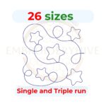 Quilt block embroidery designs in single-run and triple (bean) stitch styles, 26 sizes from 3 to 12 inches, for square and rectangular hoops.