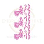 A digital download floral border embroidery design (E-0620) featuring an intricate pattern suitable for machine embroidery. Ideal for home decor items like tablecloths, bedsheets, pillow covers, and curtains, as well as women's clothing like suits, dresses, kurtis, and kaftans. Available in multiple embroidery file formats.