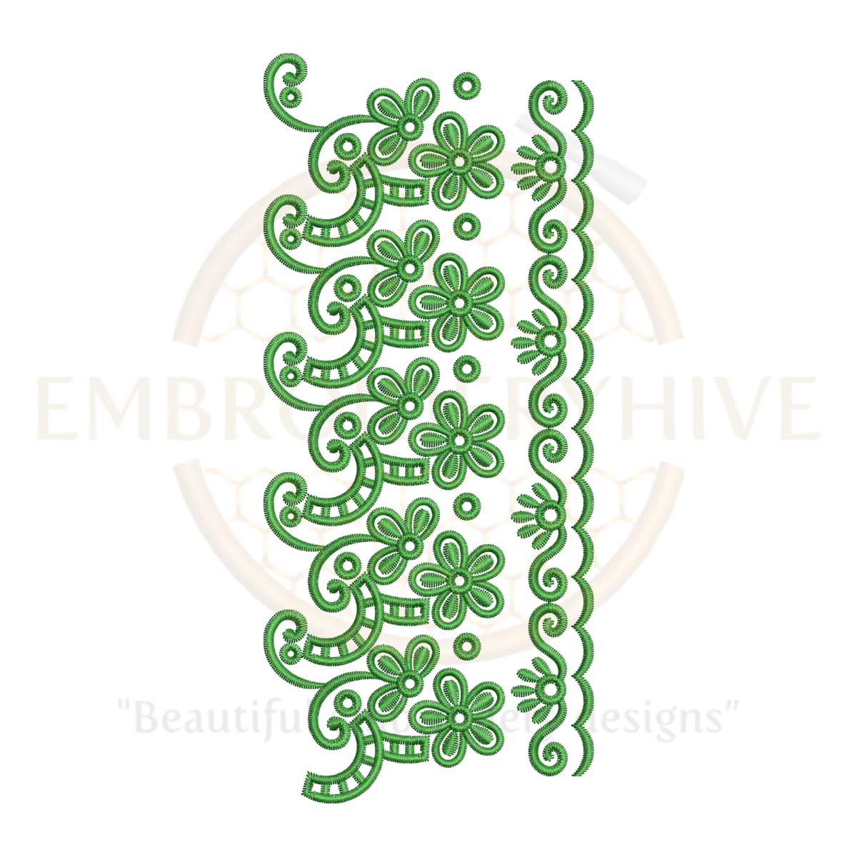 A digital download flower border embroidery design (E-0625) featuring an elegant floral pattern for machine embroidery. Perfect for home decor items such as tablecloths, bedsheets, pillow covers, curtains, and towels, as well as women's clothing like suits, dresses, kurtis, and kaftans. Comes in multiple embroidery file formats for instant download.