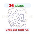Astronaut Quilt block embroidery designs in single-run and triple stitch styles, 26 sizes from 3 to 12 inches for square and rectangular hoops.