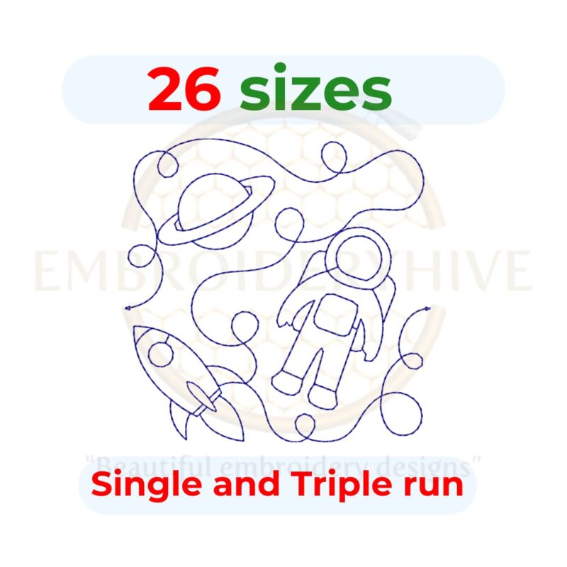Astronaut Quilt block embroidery designs in single-run and triple stitch styles, 26 sizes from 3 to 12 inches for square and rectangular hoops.