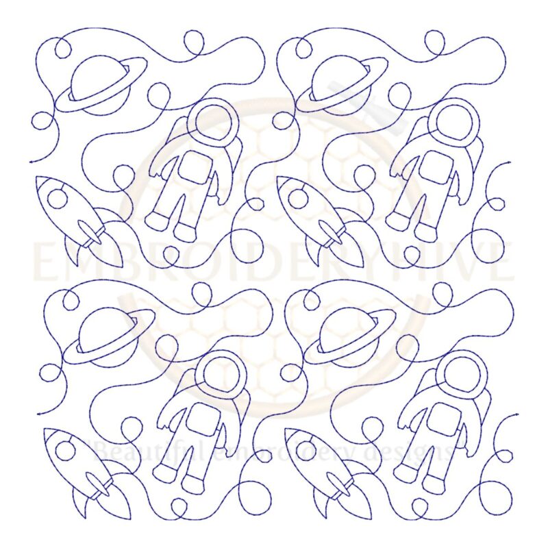 Astronaut Quilt block embroidery designs in single-run and triple stitch styles, 26 sizes from 3 to 12 inches for square and rectangular hoops.