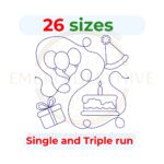 Birthday Quilt block embroidery designs in single-run and triple (bean) stitch styles, 26 sizes from 3 to 12 inches, for square and rectangular hoops.