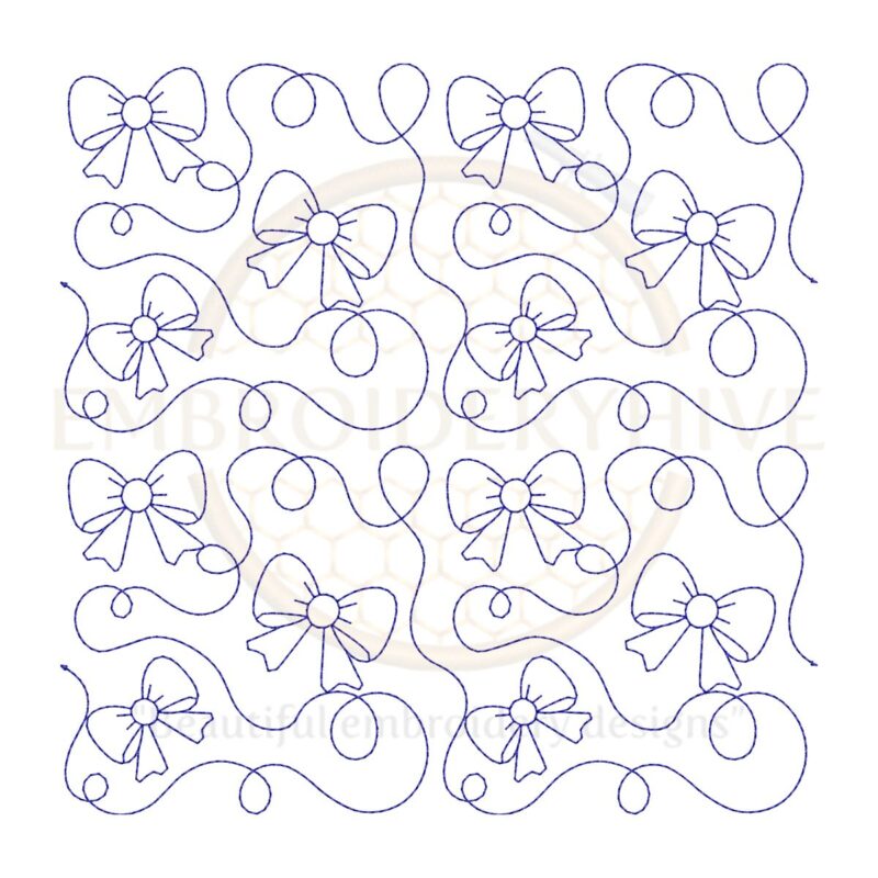 Bow Quilt block embroidery designs in single-run and triple (bean) stitch styles, 26 sizes from 3 to 12 inches, for square and rectangular hoops.