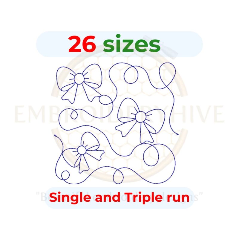 Bow Quilt block embroidery designs in single-run and triple (bean) stitch styles, 26 sizes from 3 to 12 inches, for square and rectangular hoops.