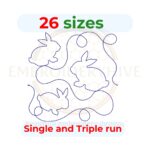 Bunny Quilt block embroidery designs in single-run and triple (bean) stitch styles, 26 sizes from 3 to 12 inches, for square and rectangular hoops.