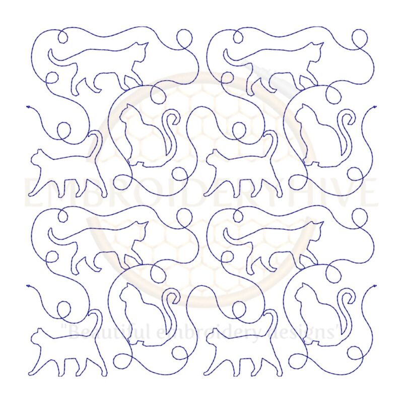 Cat Quilt block embroidery designs in single-run and triple (bean) stitch styles, 26 sizes from 3 to 12 inches, for square and rectangular hoops.