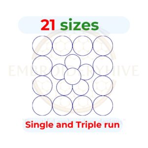 Circle Quilt block embroidery designs, single-run and triple stitch styles, 21 sizes, 2 to 12 inches.