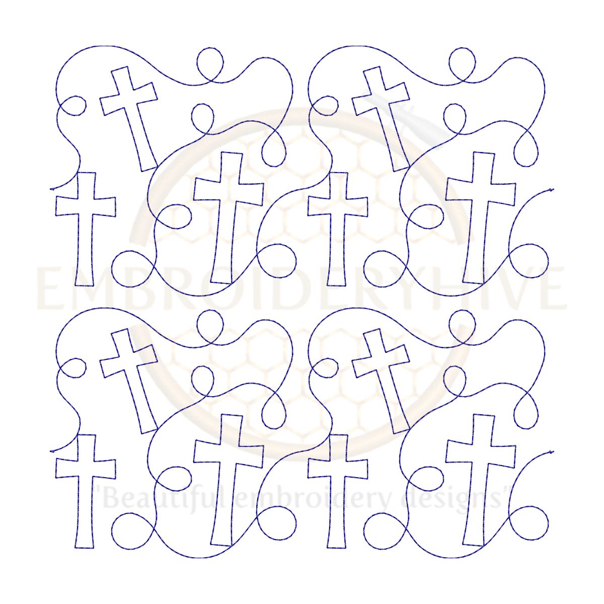 Cross Quilt block embroidery designs in single-run and triple (bean) stitch styles, 27 sizes from 2.5 to 12 inches, for square and rectangular hoops.