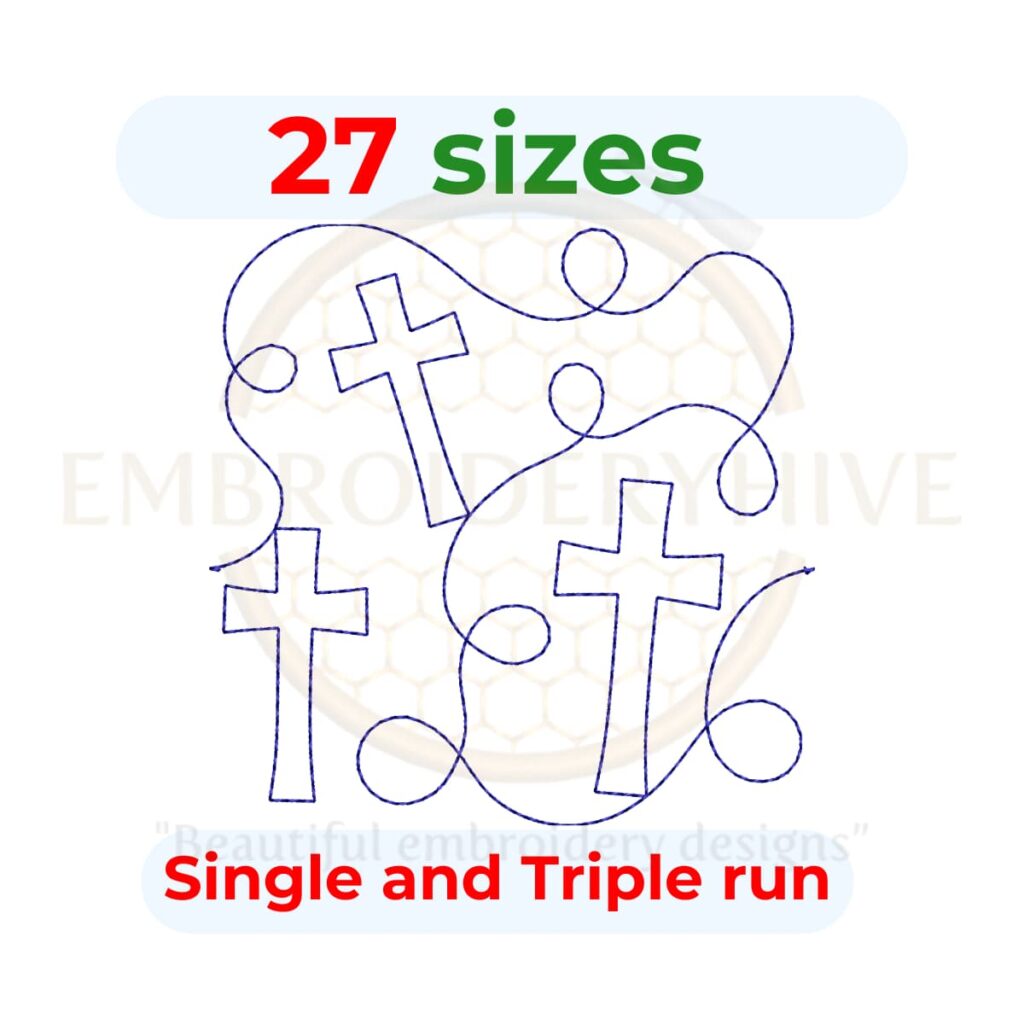 Cross Quilt block embroidery designs in single-run and triple (bean) stitch styles, 27 sizes from 2.5 to 12 inches, for square and rectangular hoops.