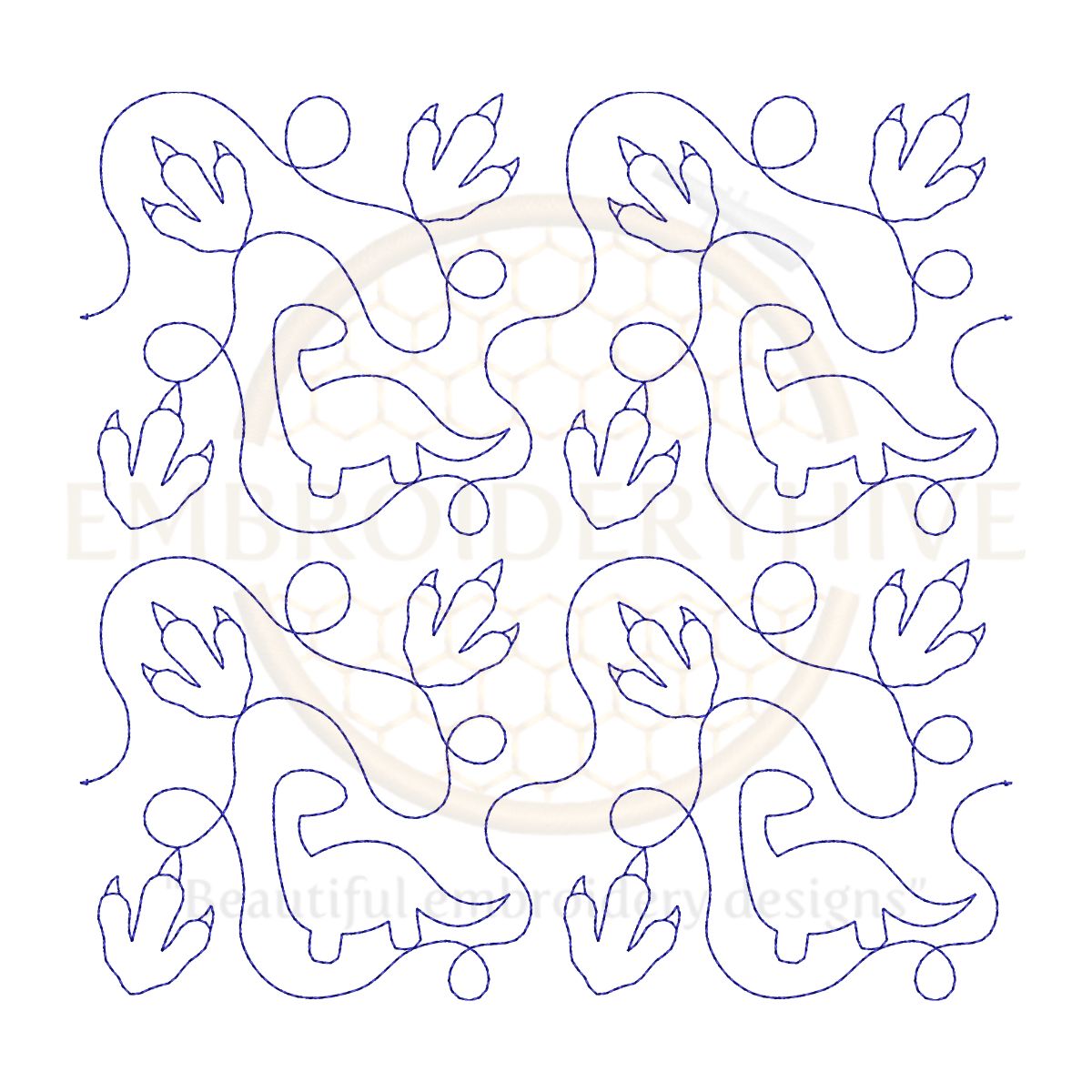 Dinosaur Quilt block embroidery designs in single-run and triple (bean) stitch styles, 26 sizes from 3 to 12 inches, for square and rectangular hoops.
