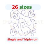 Dinosaur Quilt block embroidery designs in single-run and triple (bean) stitch styles, 26 sizes from 3 to 12 inches, for square and rectangular hoops.