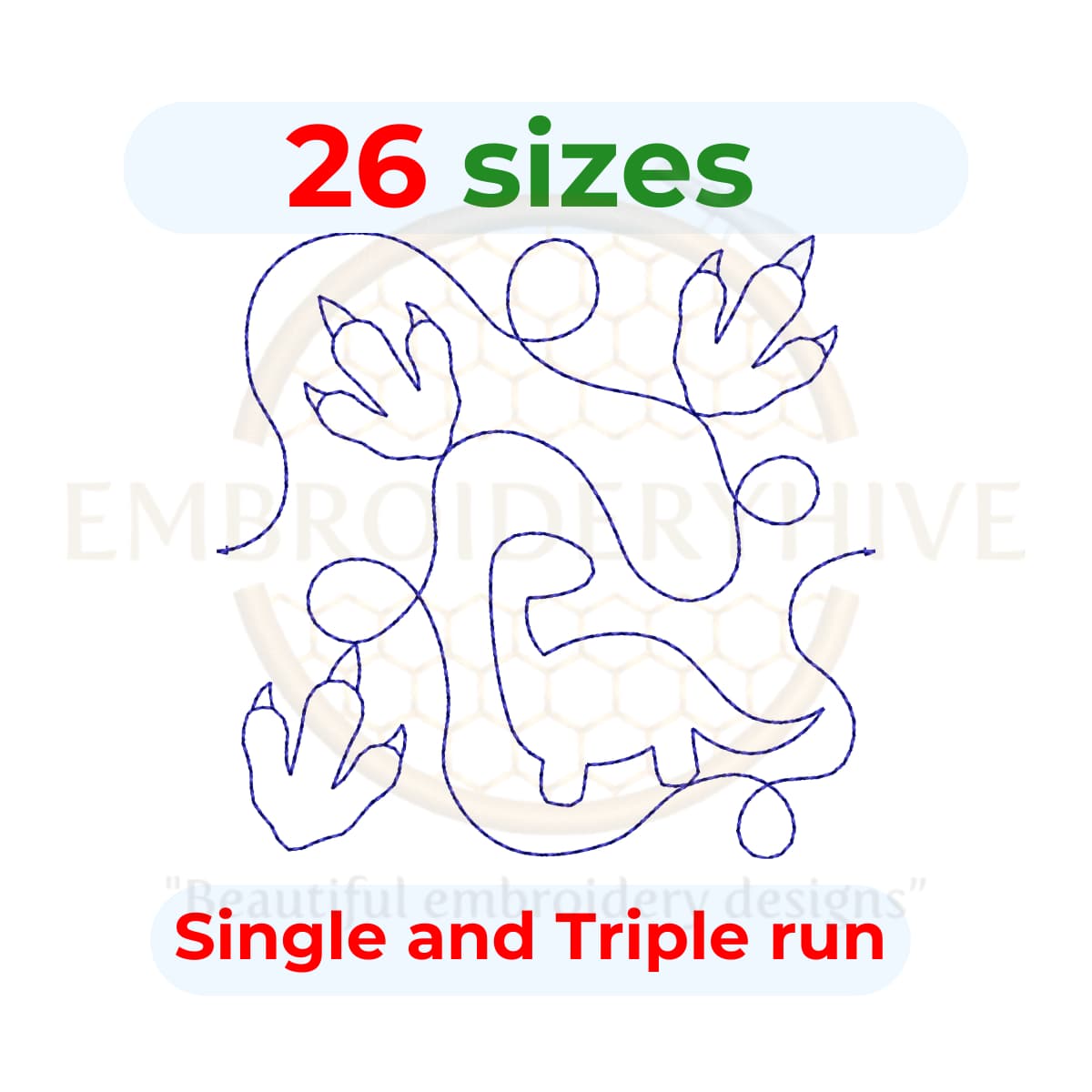 Dinosaur Quilt block embroidery designs in single-run and triple (bean) stitch styles, 26 sizes from 3 to 12 inches, for square and rectangular hoops.