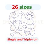 Dog Quilt block embroidery designs in single-run and triple (bean) stitch styles, 26 sizes from 3 to 12 inches, for square and rectangular hoops.