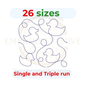 Duck Quilt block embroidery designs in single-run and triple (bean) stitch styles, 26 sizes from 3 to 12 inches, for square and rectangular hoops.