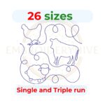 Farm animals Quilt block embroidery designs in single-run and triple (bean) stitch styles, 26 sizes from 3 to 12 inches, for square and rectangular hoops.