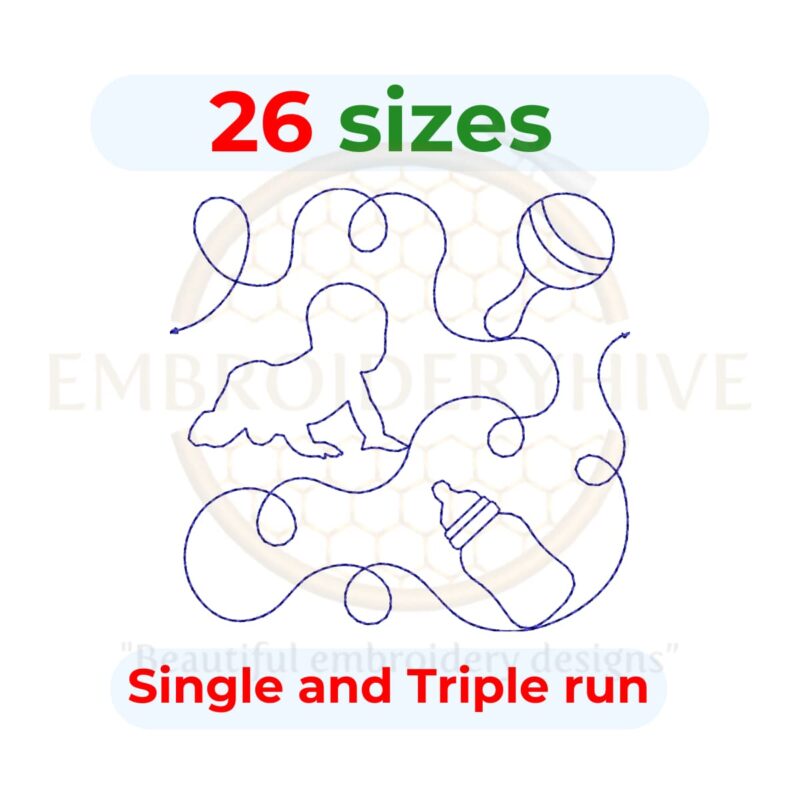 Little Baby Quilting Machine Embroidery Design – A digital download with 26 sizes, from 3" (76mm) to 12" (305mm), available in single-run and triple stitch styles.