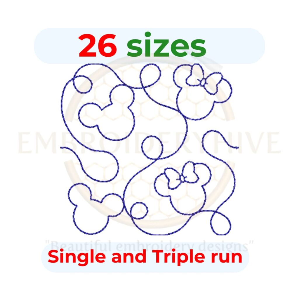 Mickey and Minnie Quilt block embroidery designs in single-run and triple (bean) stitch styles, 26 sizes from 3 to 12 inches, for square and rectangular hoops.