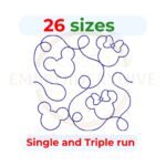 Mickey and Minnie Quilt block embroidery designs in single-run and triple (bean) stitch styles, 26 sizes from 3 to 12 inches, for square and rectangular hoops.