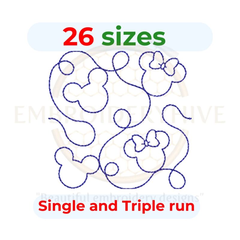 Mickey and Minnie Quilt block embroidery designs in single-run and triple (bean) stitch styles, 26 sizes from 3 to 12 inches, for square and rectangular hoops.
